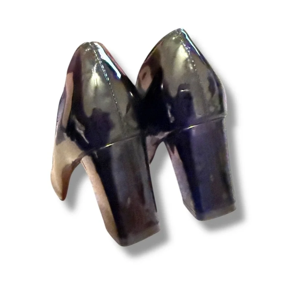 Fashion Pointed Toe Pumps Size 41 Black Faux Patent Leather Block Heel Classic‎