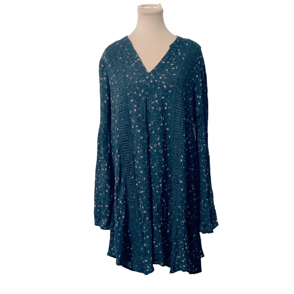 Knox Rose Women Teal Floral Crochet‎  Bell Sleeve Boho Cottagecore Dress Size M