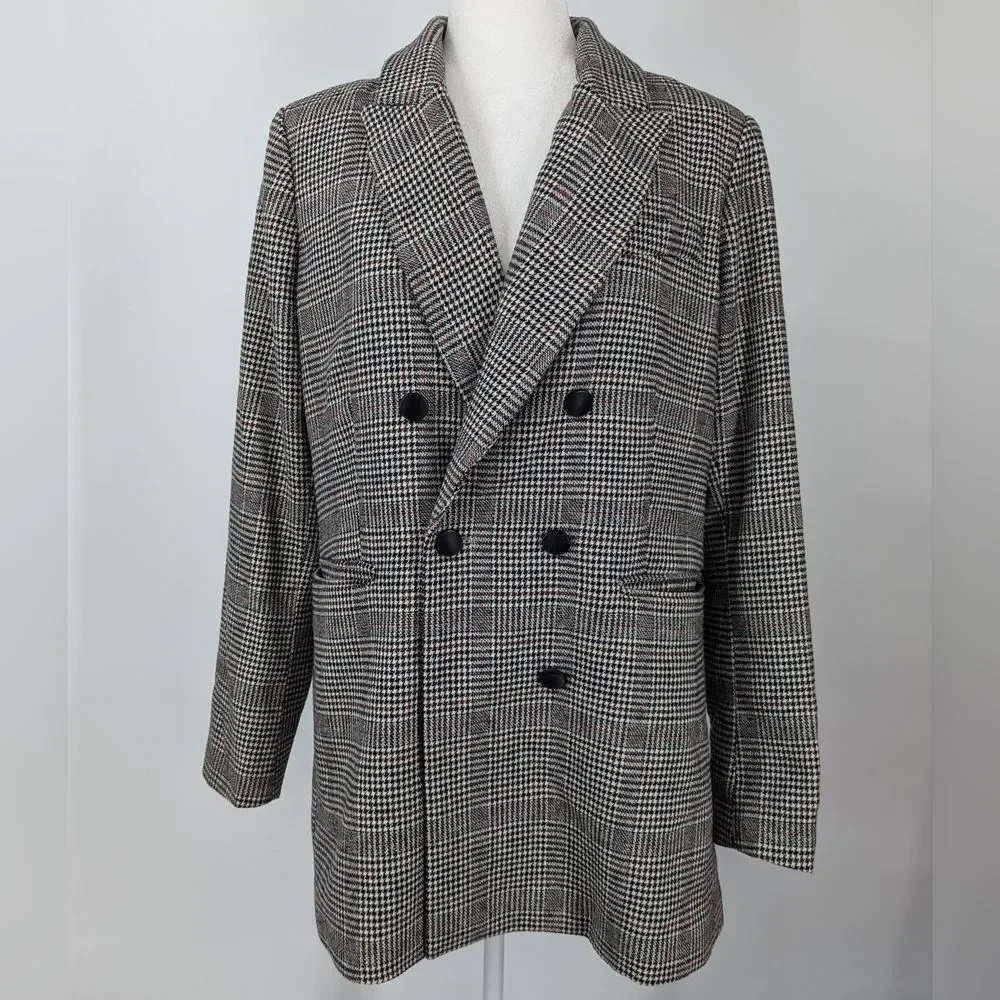 House of Harlow 1960 Houndstooth Wool Blend Double Breasted Blazer Coat Large