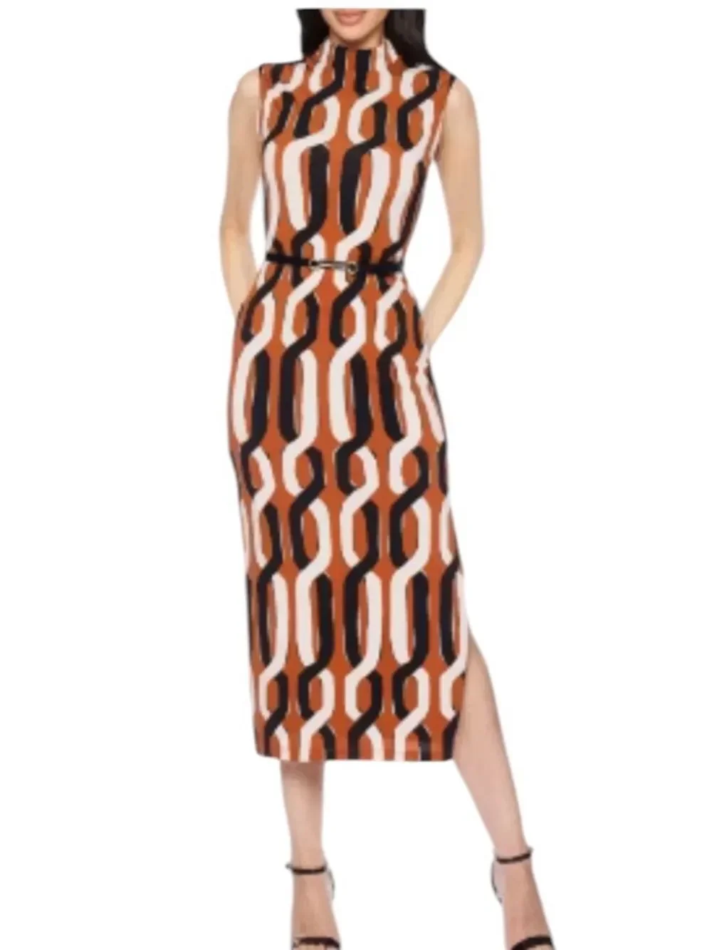 Premier Amour Sleeveless Geo-Chain Maxi Dress in Rust and Black 6 NWT
