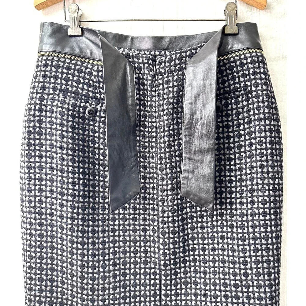 Etcetera Women's Gray Black Tweed Leather Trim Below Knee Pencil Skirt Sz M
