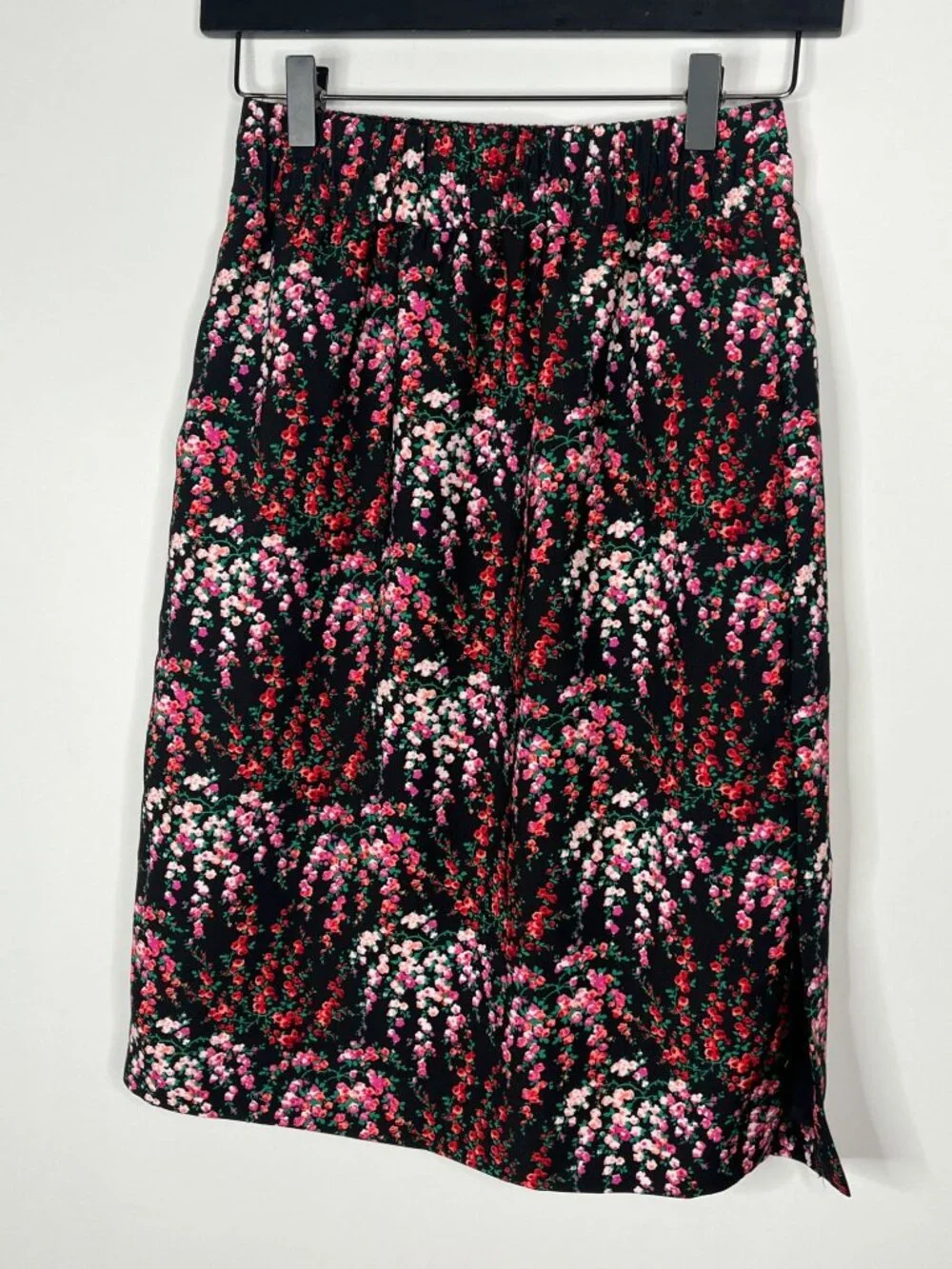 J Crew Floral Midi Skirt Womens XSP Black Pink Pull On Petite Casual