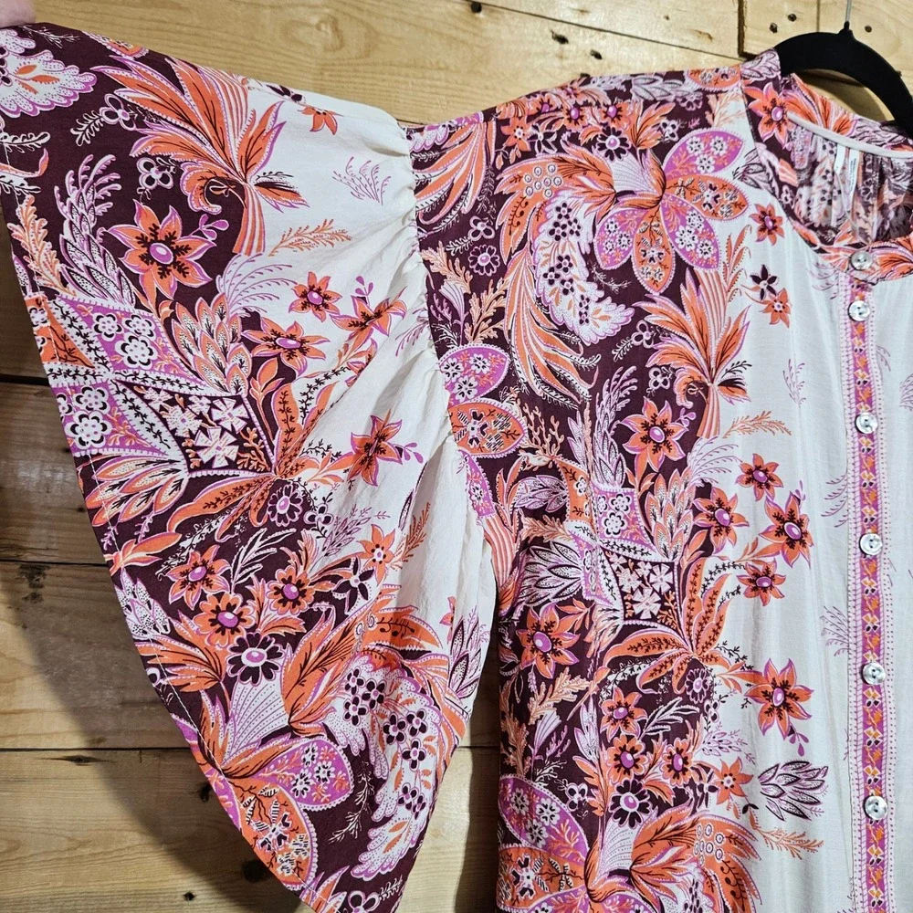 Free People Janelle Dress Floral Paisley Flutter Sleeve Tunic Mini Pink Orange M