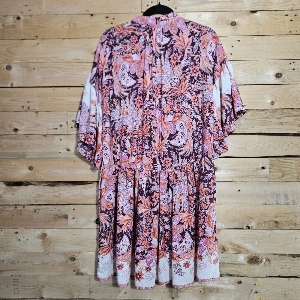 Free People Janelle Dress Floral Paisley Flutter Sleeve Tunic Mini Pink Orange M