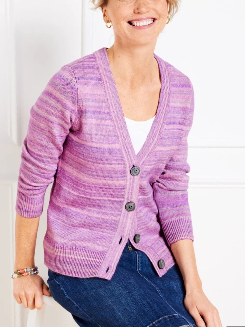 Talbots Lavender-Pink Marled V-Neck Button Cardigan