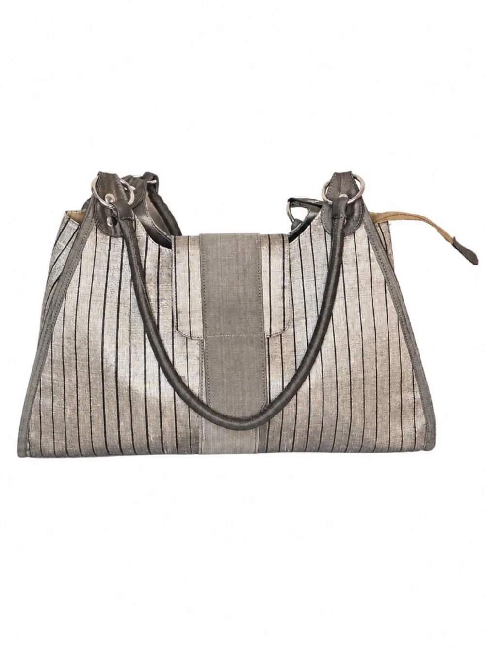 Sentosa Silk Metallic Taupe Brown Pinstripe Hobo Bag Academia Chic