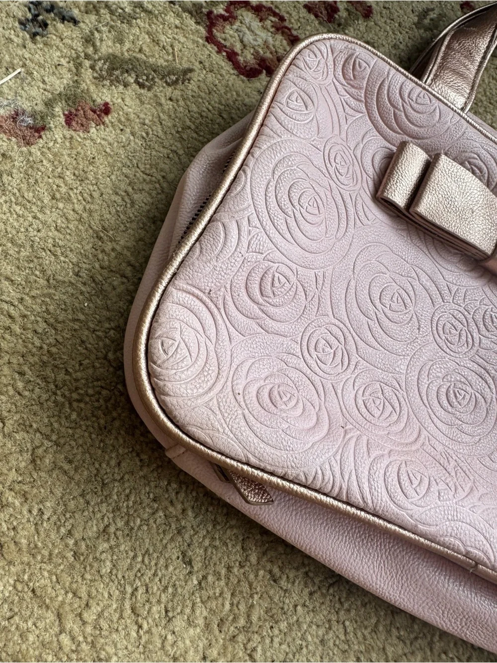 Betsey Johnson Pink Rose Gold Floral Bow Travel Cosmetic Bag