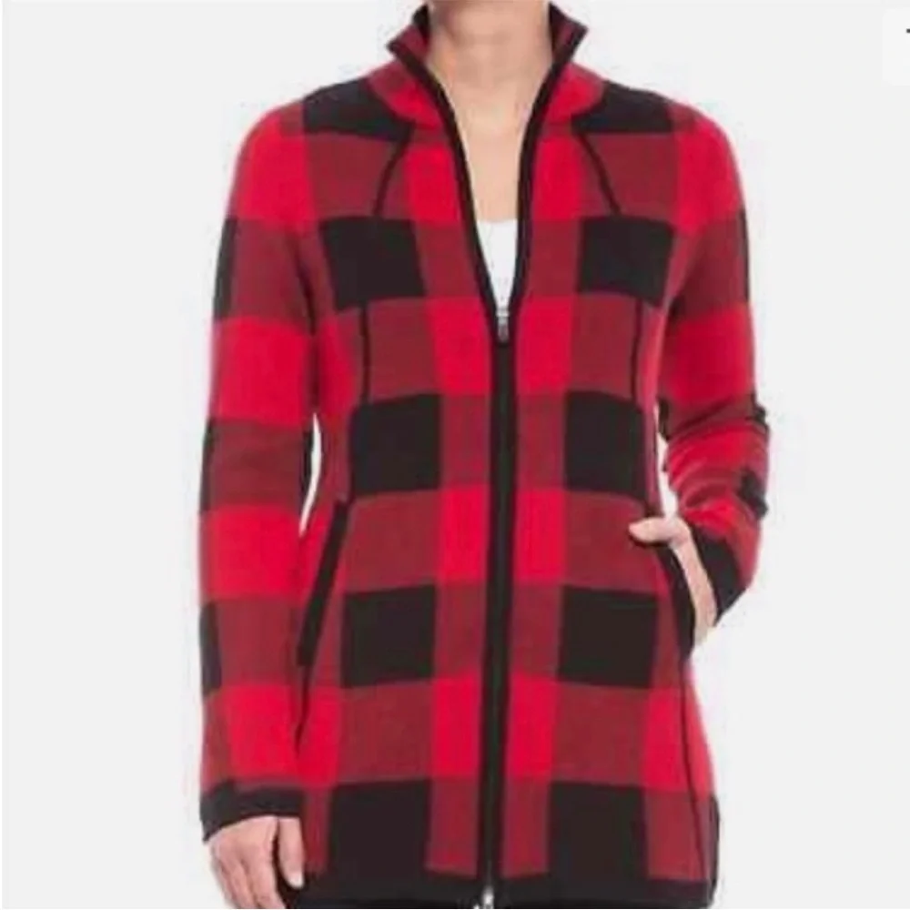 Adrienne Vittadini Buffalo Plaid Red/Black‎ Zip Cardigan Sweater Jacket Small