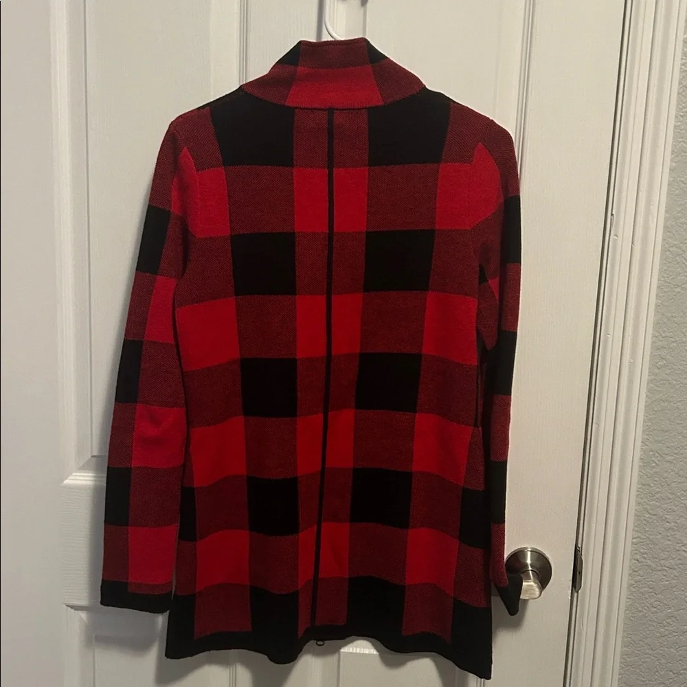 Adrienne Vittadini Buffalo Plaid Red/Black‎ Zip Cardigan Sweater Jacket Small