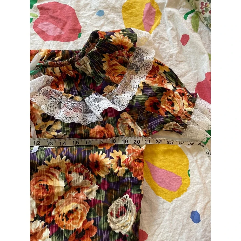 Vintage Floral Cottagecore Two Piece Set Lace Trim Skirt and Top size large