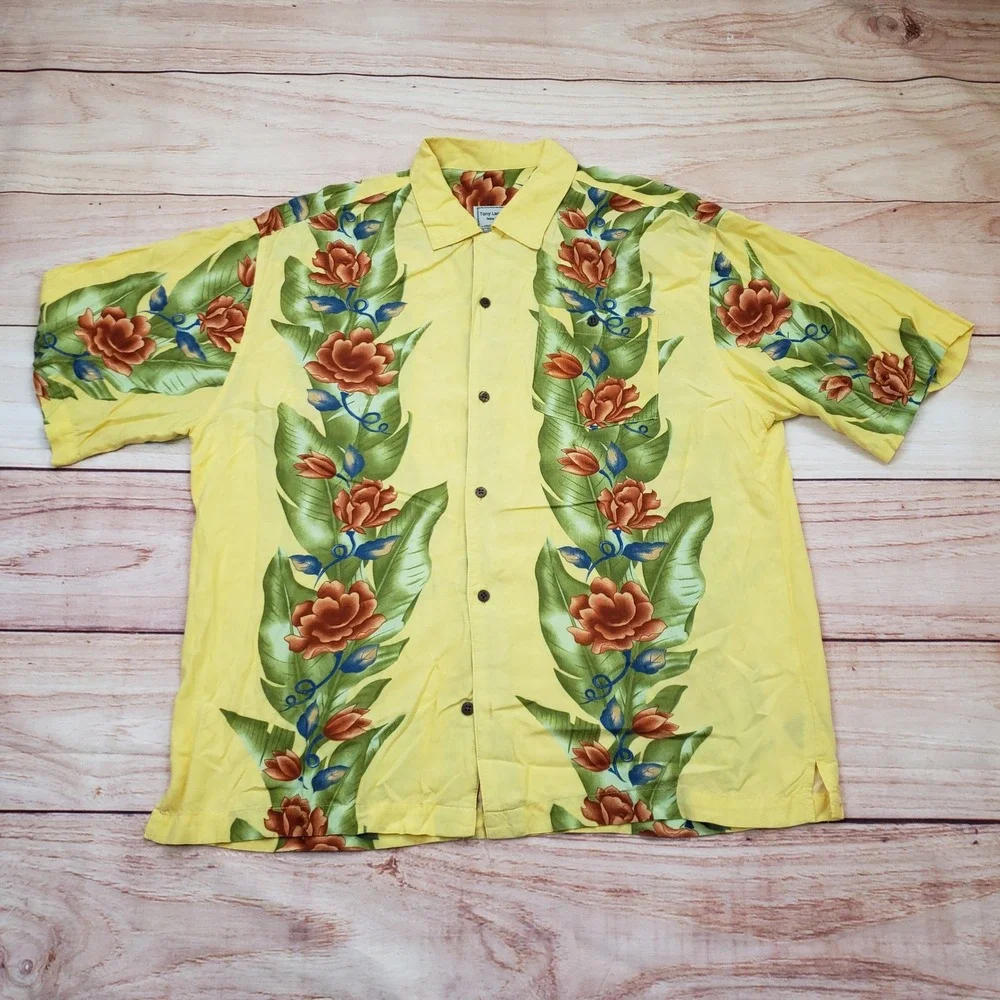 Tony Lambert‎ Shirt Mens Large Yellow Button Floral Tropical Rayon Hawaiian Camp