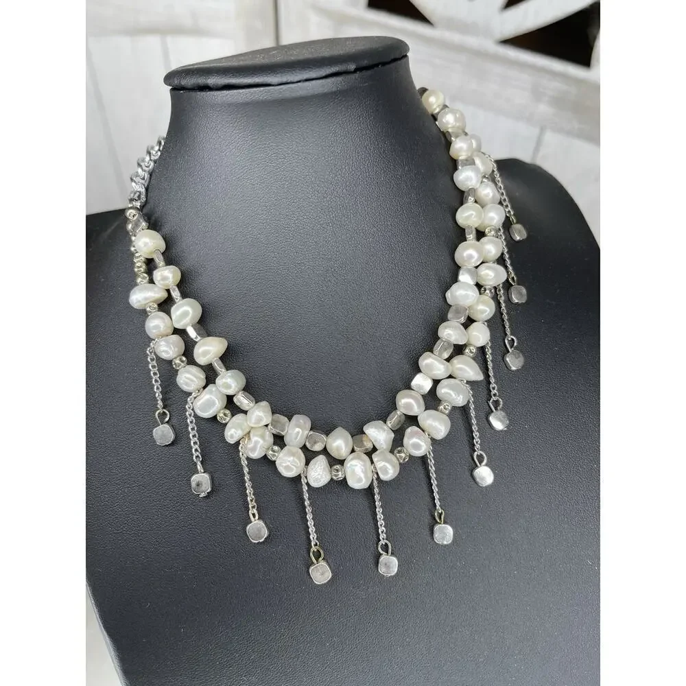 BAROQUE PEARL & Silver Dangle Bib Hanging NECKLACE Unique Short