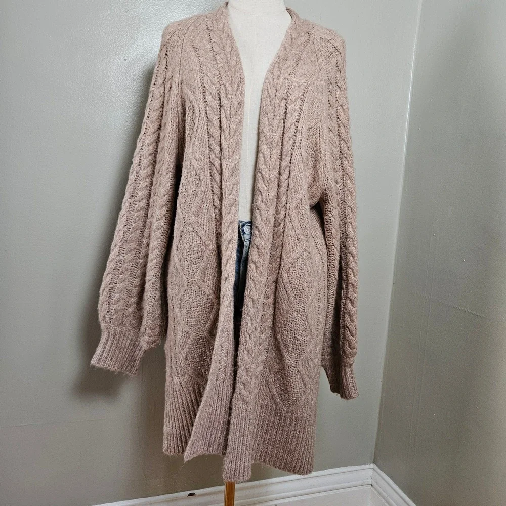 NEW A New Day Long Chunky Cardigan Sz L‎ Open Front Cable Knit Tan Blush NWT