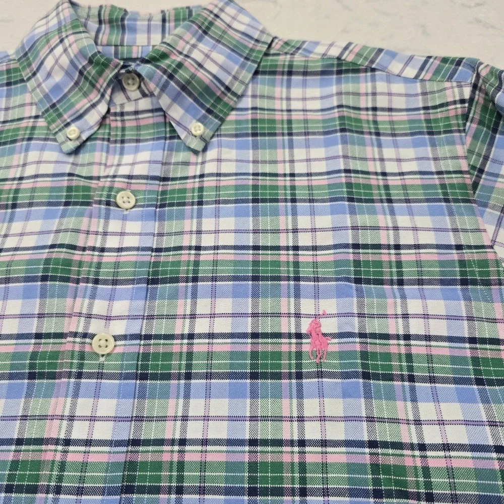 Polo Ralph Lauren Mens Custom Fit Plaid Button Down Shirt Blue Green Pink Small