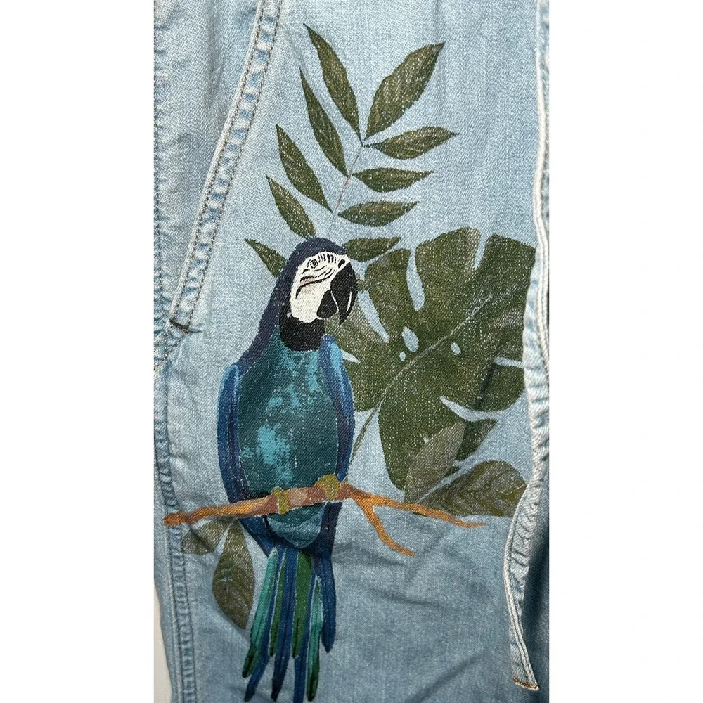 Levi's x FARM Rio Luella Denim Jumpsuit Small Light Wash Blue Macaw Parrot NWT