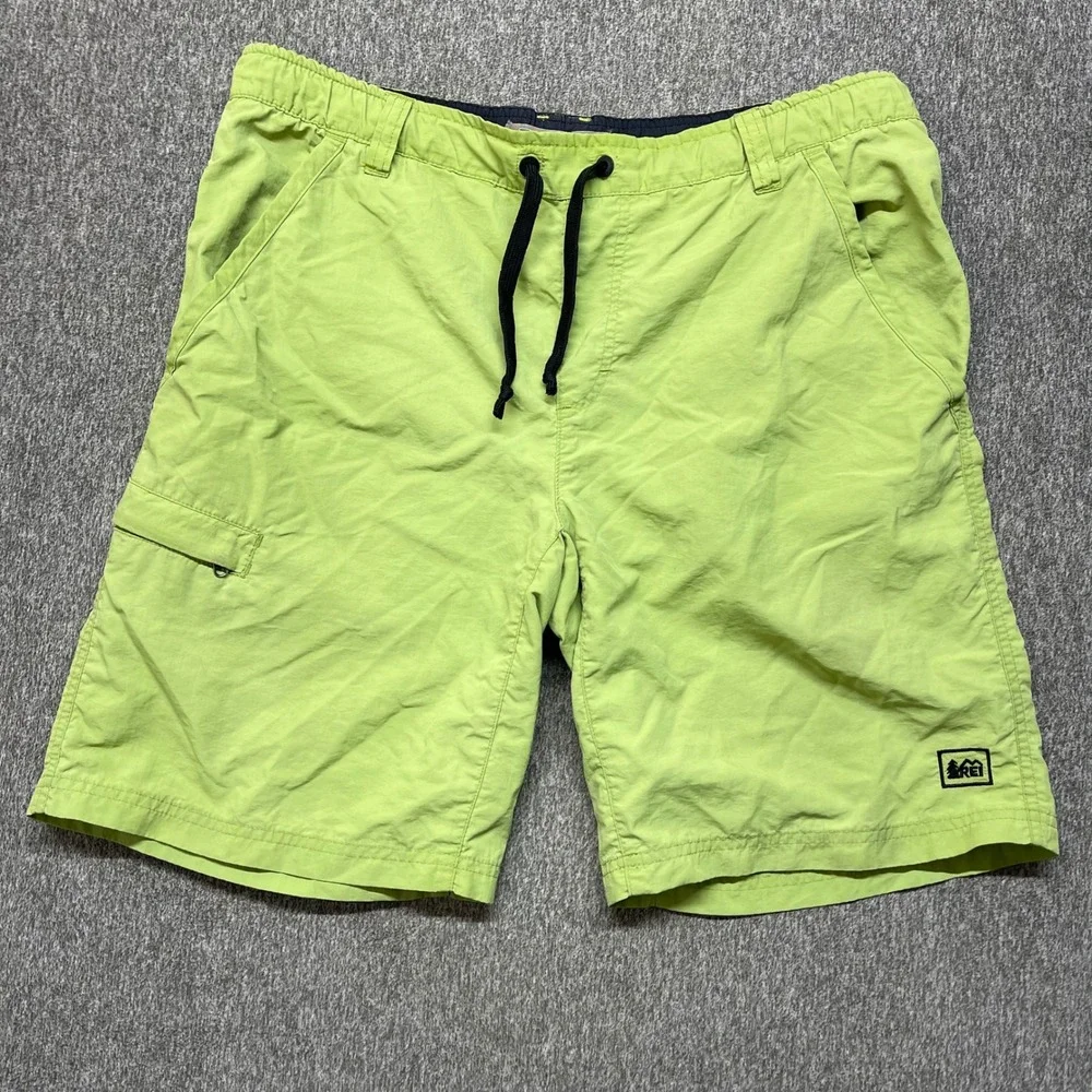 Vtg‎ REI Co-op Mens Hiking Shorts Lime Green Nylon Cargo Pockets Drawstring  S