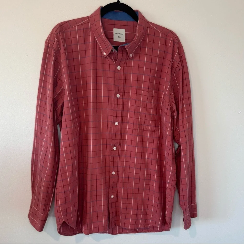 Samuel Windsor Button Down Shirt XL Red Windowpane Check Long Sleeve