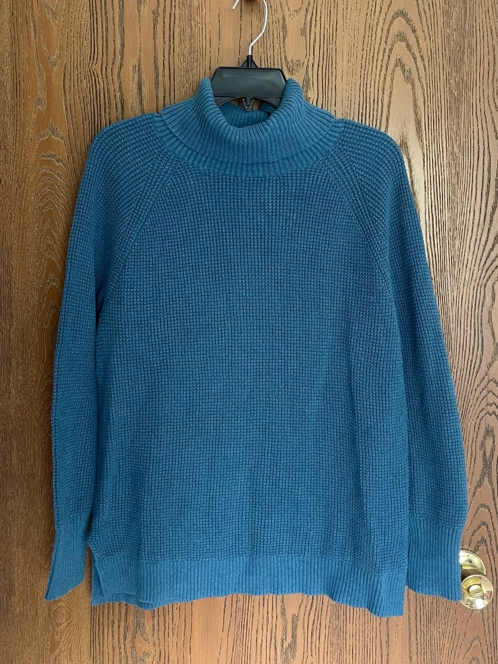 J. Crew Textured Turtleneck Sweater Blue Waffle Knit 100% Cotton Size Large L