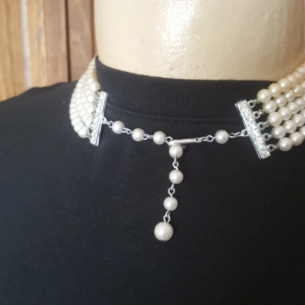 Vintage 5 Strand Hand Knotted Faux Pearl Necklace