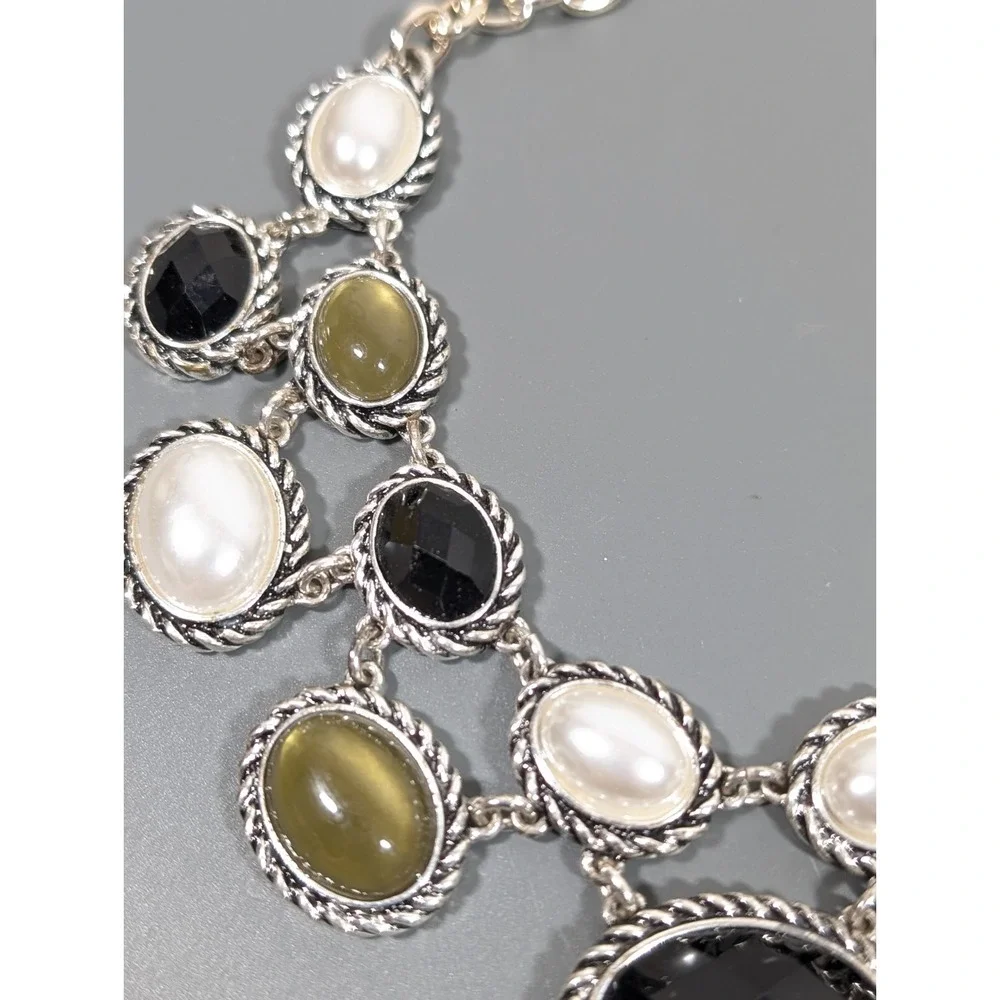 Classic Chic Rope‎ Faux Pearl Oval Cabochon Black Statement Neckalce Retro 19 in