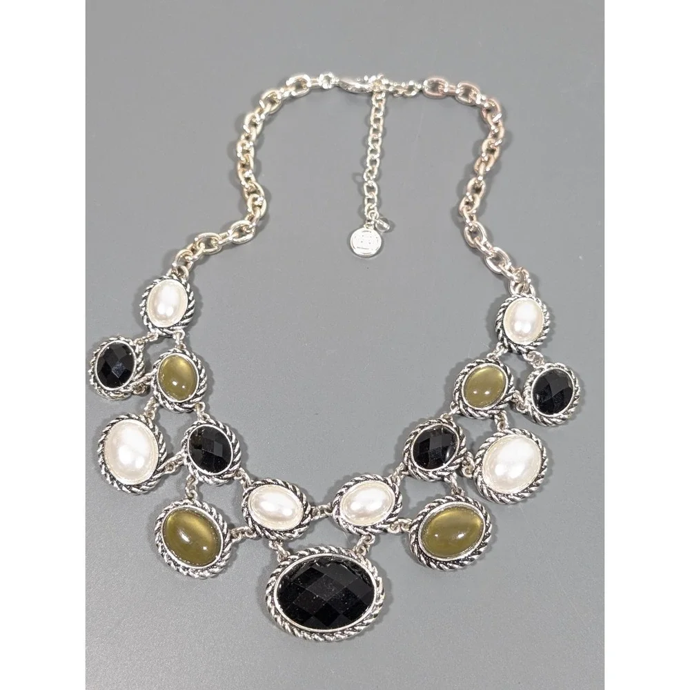 Classic Chic Rope‎ Faux Pearl Oval Cabochon Black Statement Neckalce Retro 19 in