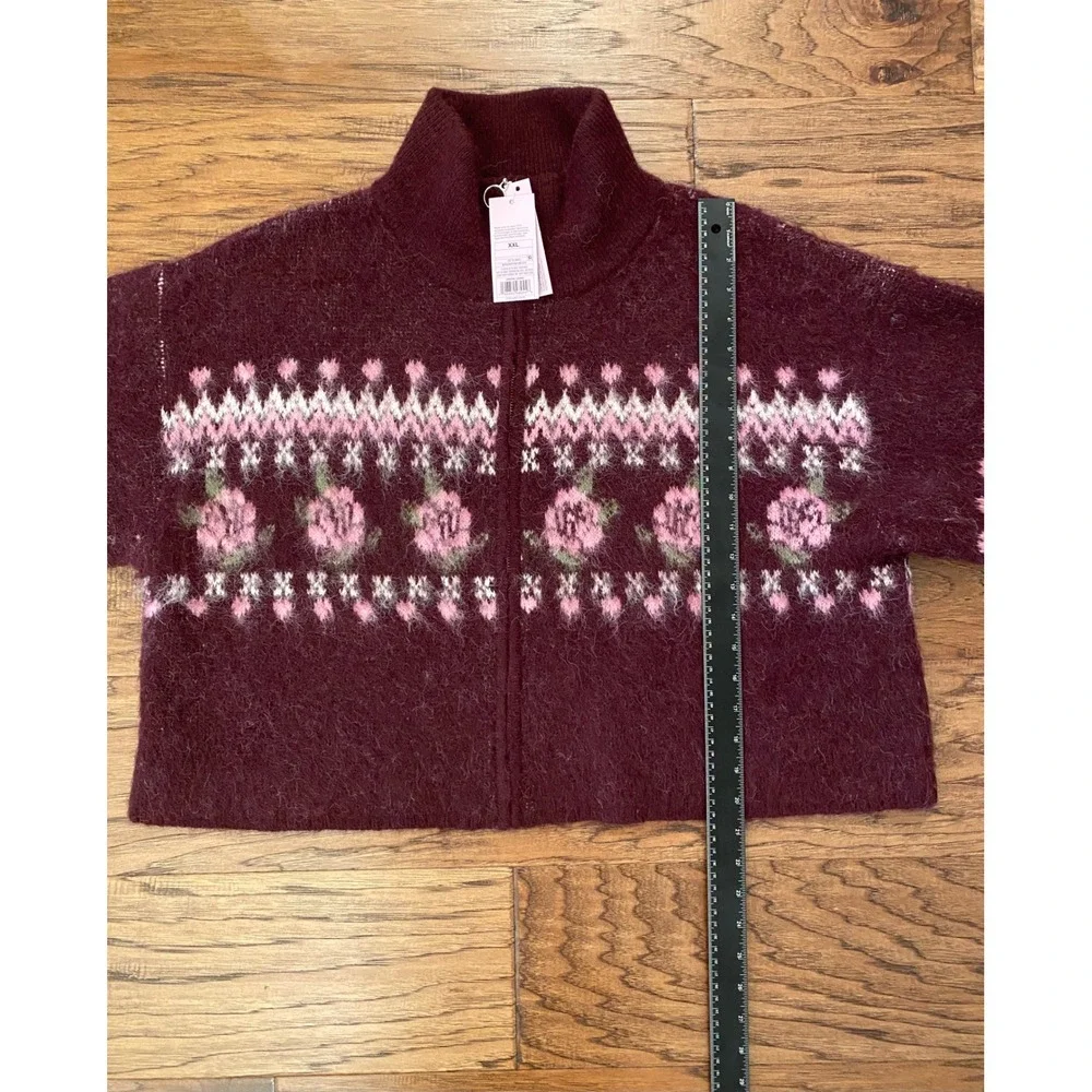 Wild Fable Burgundy Floral Fair Isle Zip Up Mock Neck Sweater XXL NWT