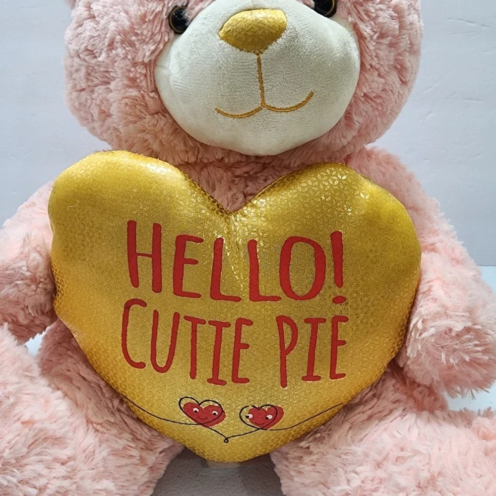 Animal Adventures Valentine Plush Hello Cutie Pie Pink Bear Gold Heart 12'