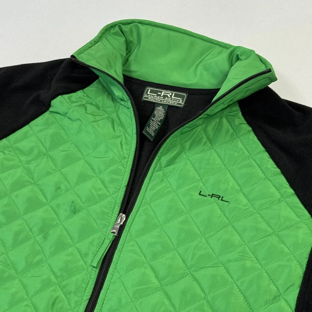 Lauren Ralph Laure Quilted Fleece Sweater Jacket Full Zip Green Black Women's XL