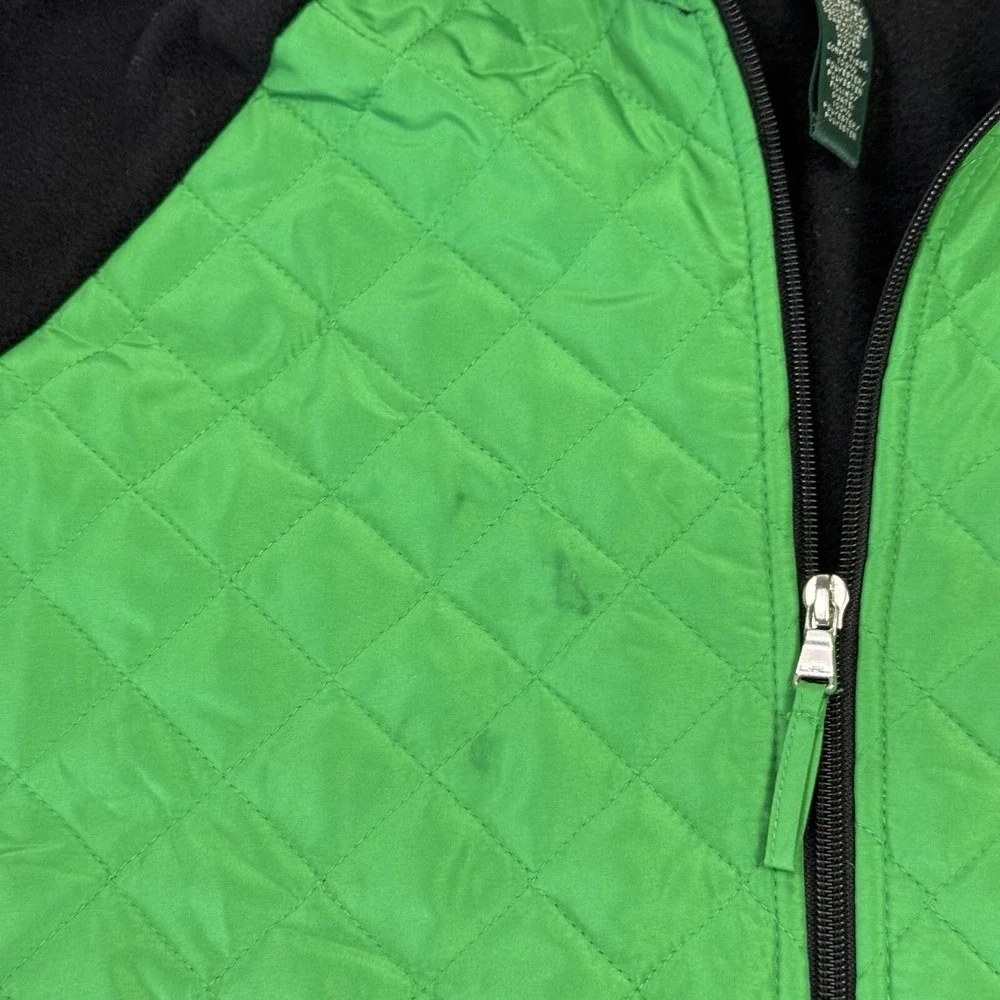 Lauren Ralph Laure Quilted Fleece Sweater Jacket Full Zip Green Black Women's XL