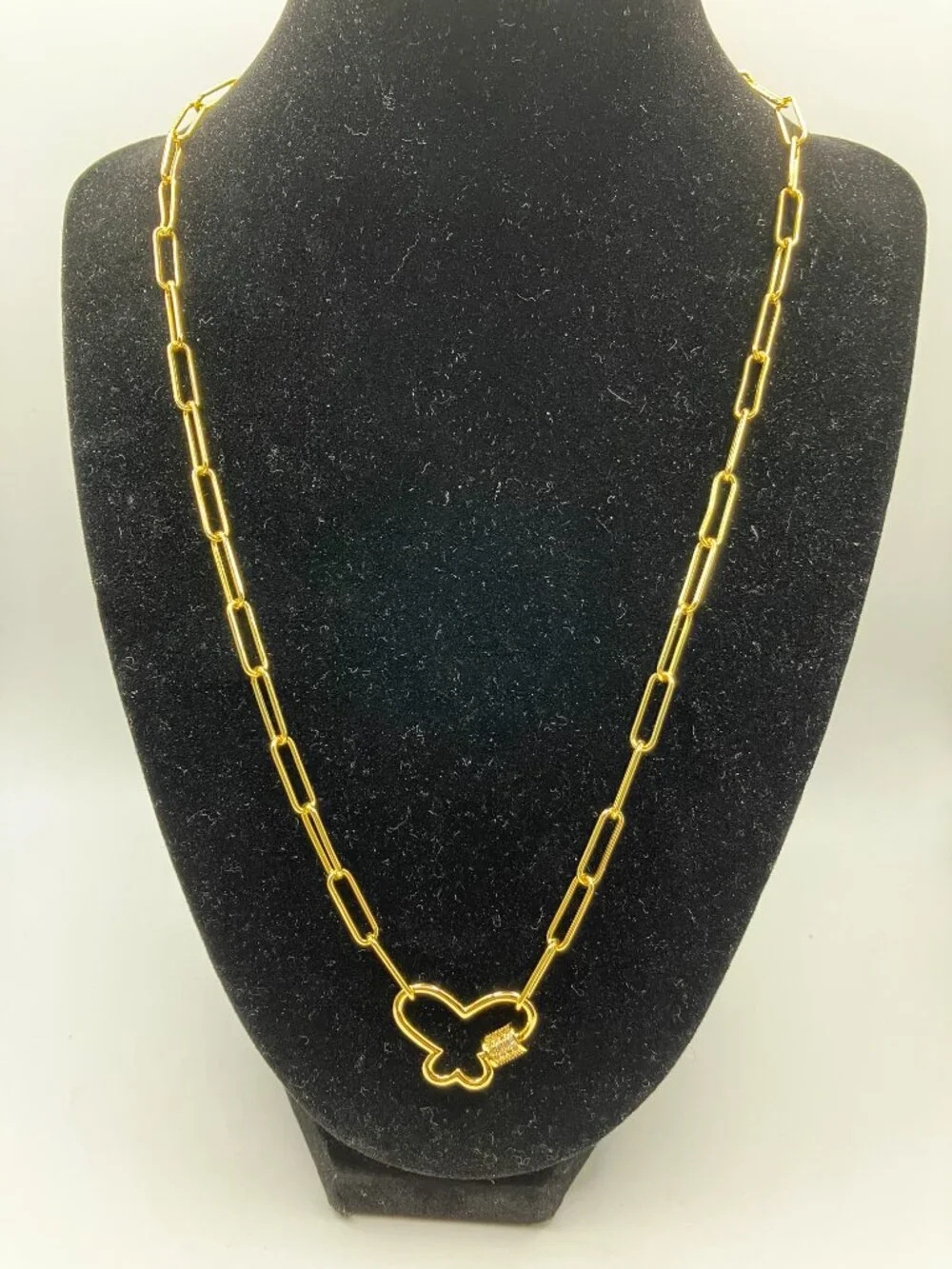 Butterfly Cubic Zirconia Pendant on 18 inch Brass Paper Clip chain Brand New