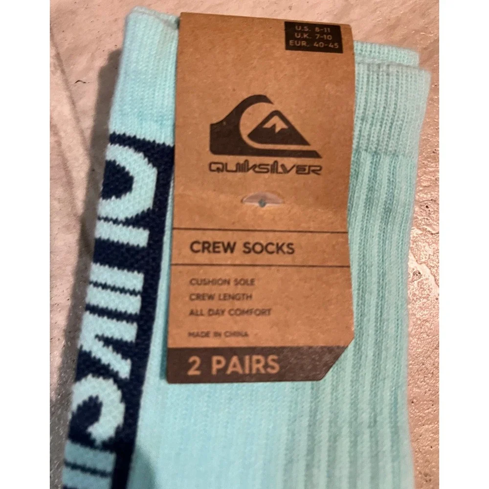 Quiksilver Mens 2 Pair Crew Socks Aqua White Cushioned QK332843TD-LTB Size 8-11