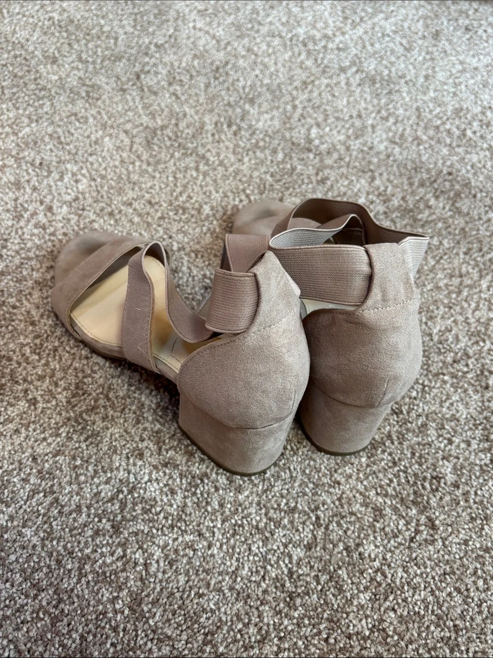 Liz Claiborne Taupe Suede Block Heel Sandals with Elastic Ankle Straps
