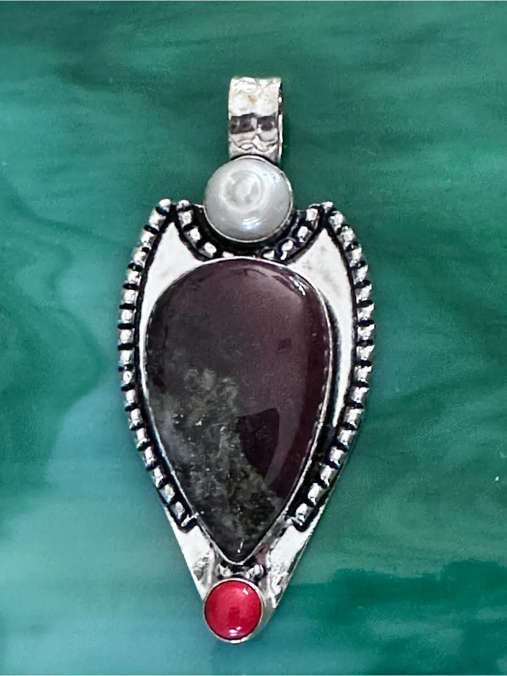 Artisan Silver Dragon Blood Stone  Pendant with Pearl and Coral Accent