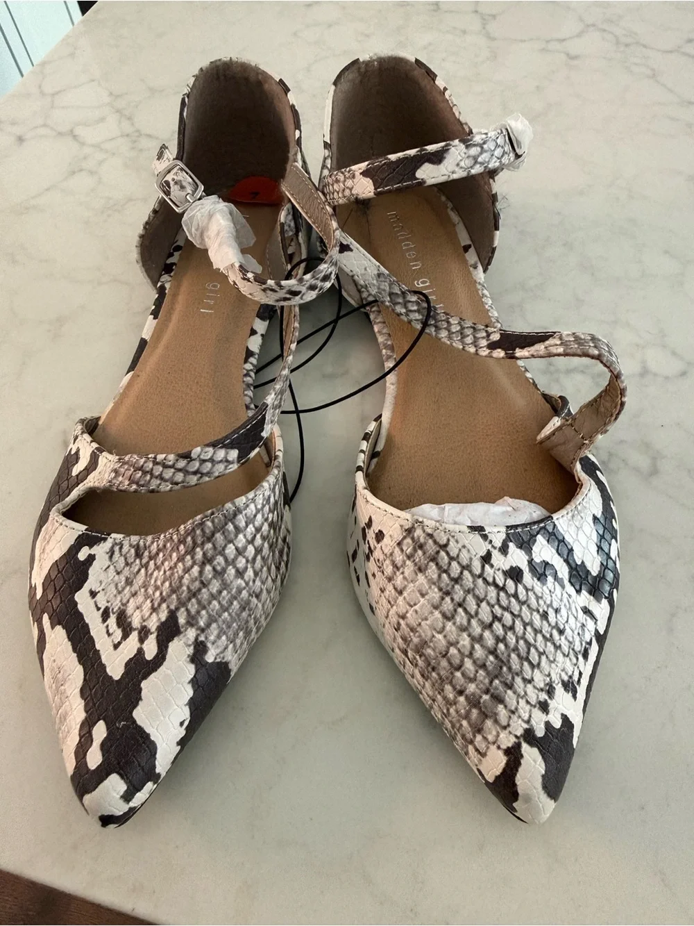 Women's Madden Girl Pointed Snake-Print Ankle-Strap Flats in Black & White