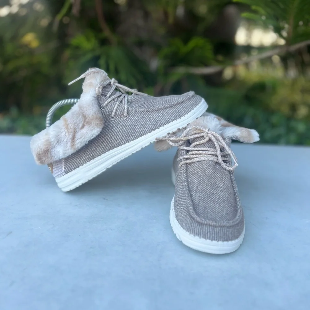 Hey Dude Women's Beige Knit Sneakers with Faux Fur Collar