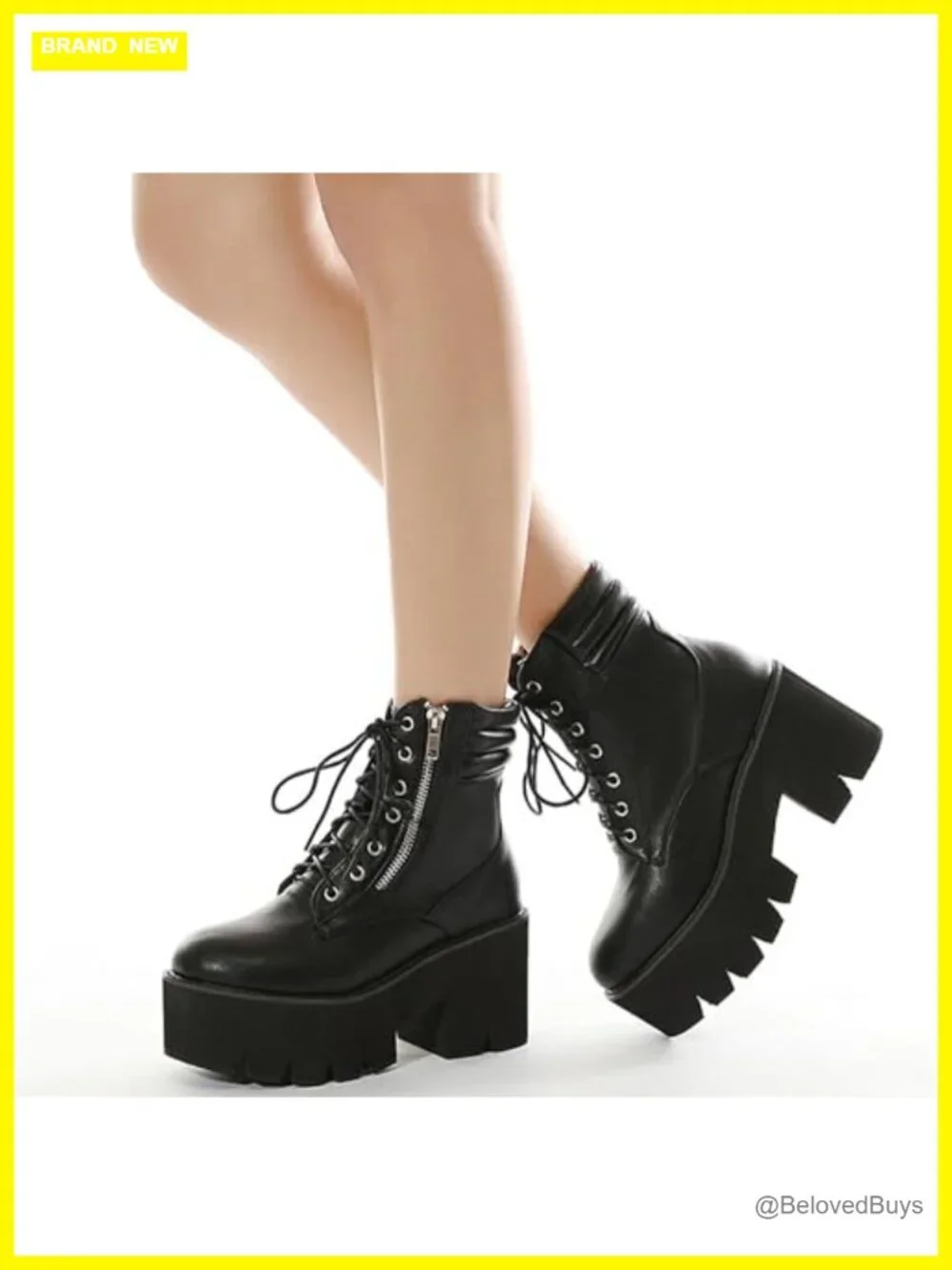 Women's Round Toe Platform Ankle Boots Chunky Heel Lace Up Zip Combat Boots