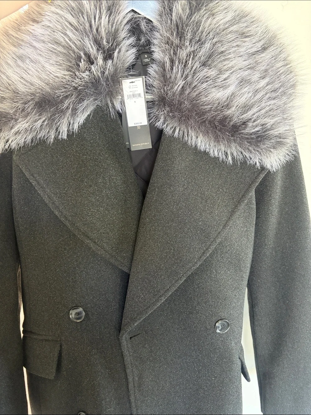 Banana Republic Men's Charcoal Double-Breasted Pea Coat with Faux Fur Collar