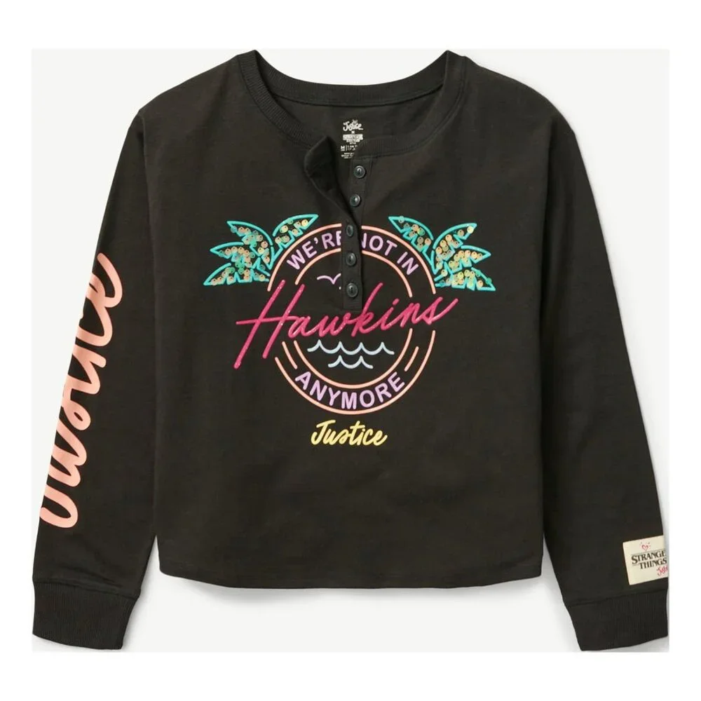 Justice Girls M STRANGER THINGS Long Sleeve Black Henley Shirt SIZE 10 NEW