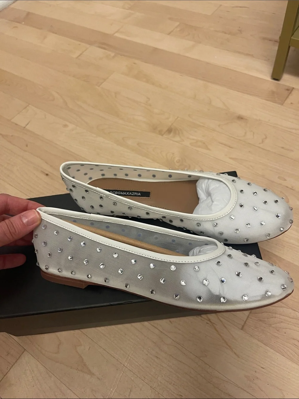 BCBGMaxAzria White Crystal-Studded Ballet Flats
