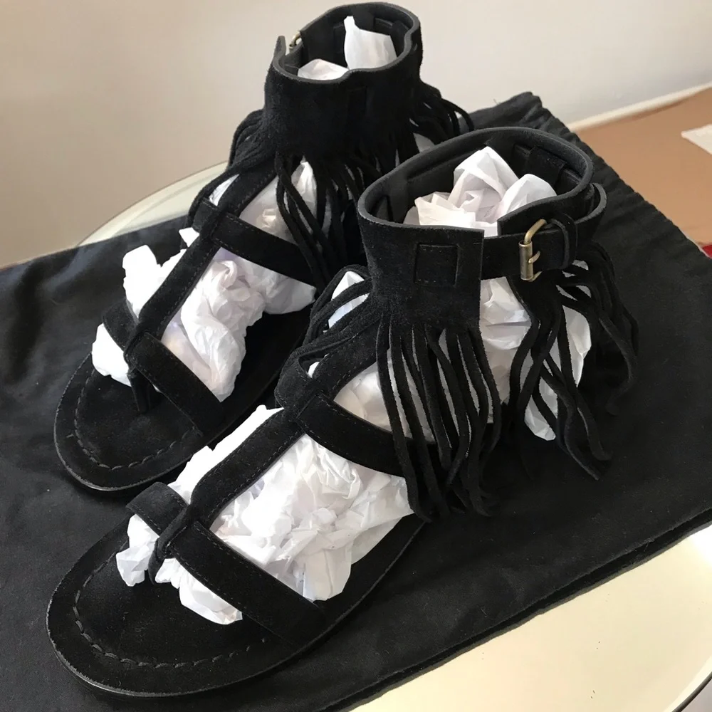 Saint Laurent Black Suede Fringe Ankle Strap Sandals