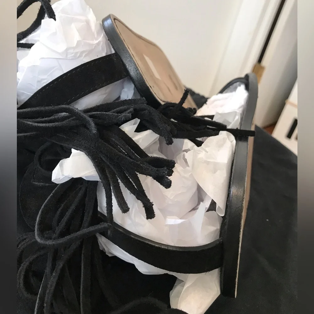 Saint Laurent Black Suede Fringe Ankle Strap Sandals