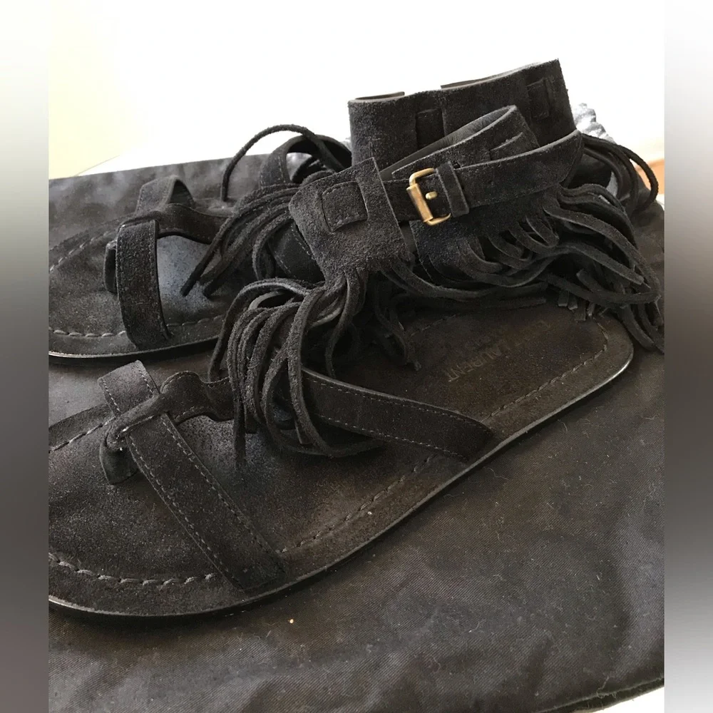Saint Laurent Black Suede Fringe Ankle Strap Sandals