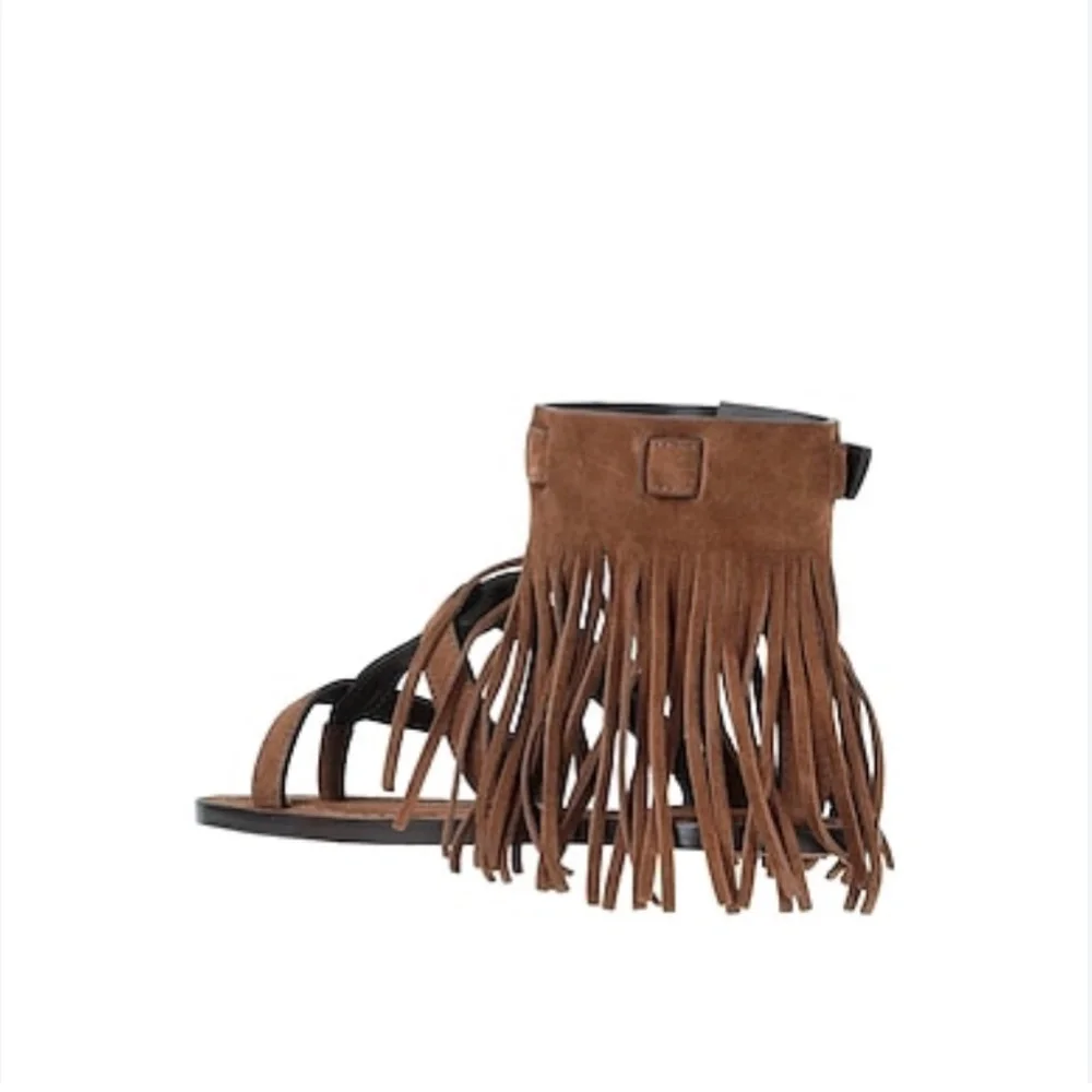 Saint Laurent Black Suede Fringe Ankle Strap Sandals