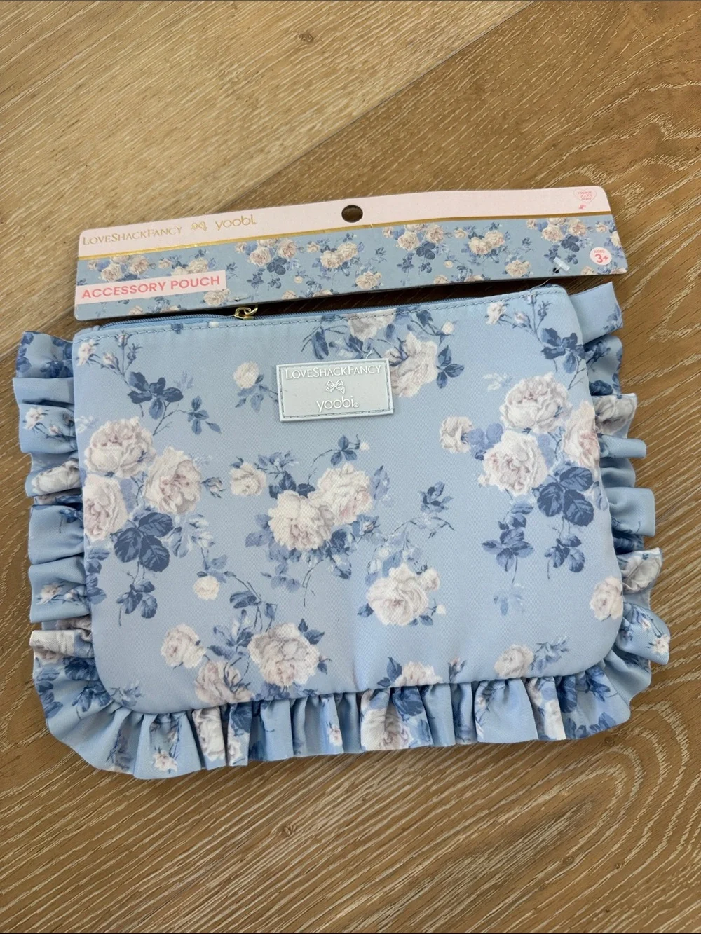 Love Shack Fancy Pencil Case Accessory Pouch Ruffle Floral Blue Zip Bag NEW