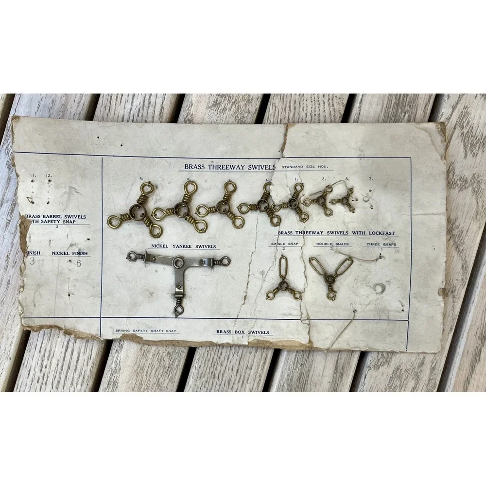 Vtg Fishing Tackle Store Rack Card Brass Threeway Nickel Yankee Swivels AS IS