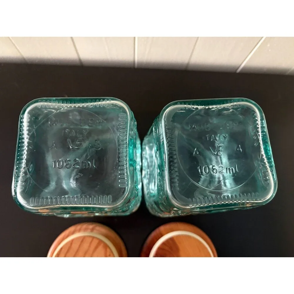 Vintage Vetreria Etrusca Italy Green Glass Canister Jars Wood Lids Set of 2