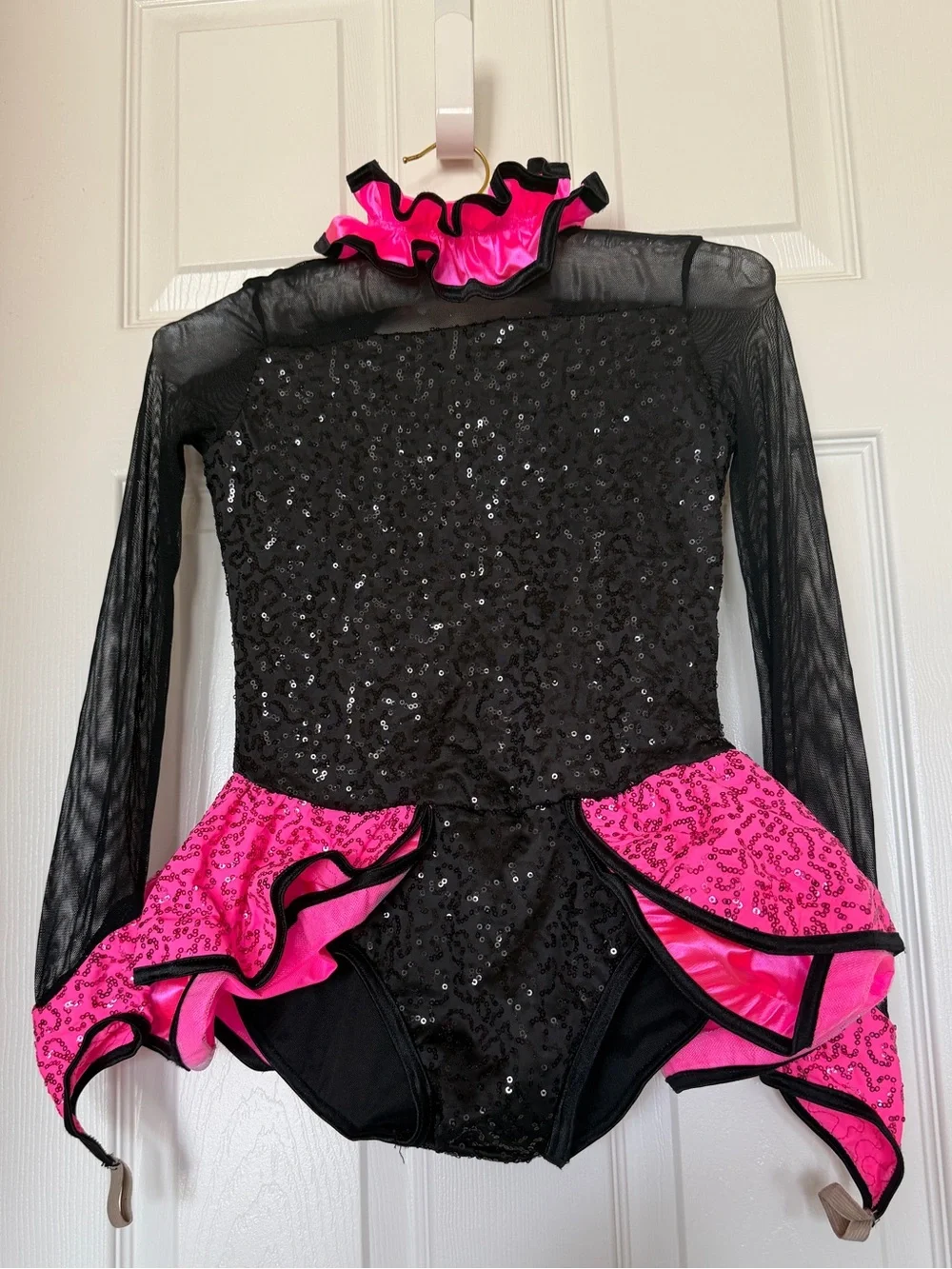 Weissman Black and Hot Pink Sequin Dance Leotard + Ruffled Skirt - Medium Child
