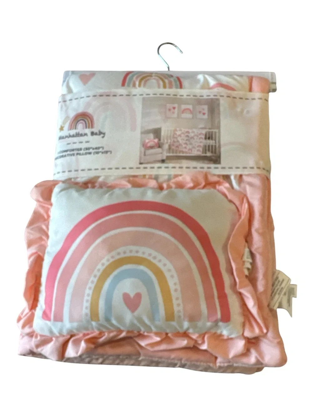 NWT Manhattan Baby White Pink Rainbow Nursery Comforter Pillow 2 Pc Set