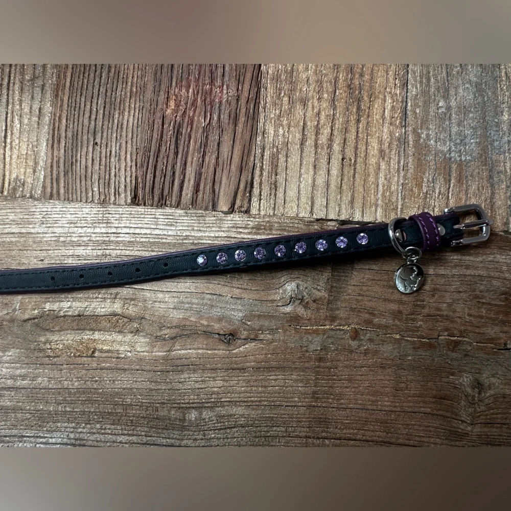 Black Leather Dog Collar with Purple Rhinestones