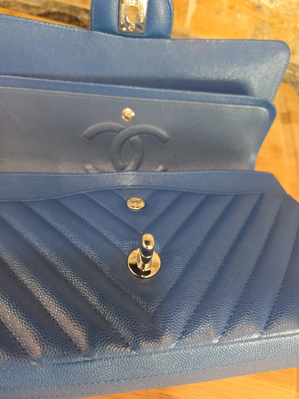 Chanel Chevron Caviar Leather Flap Bag in Navy Blue